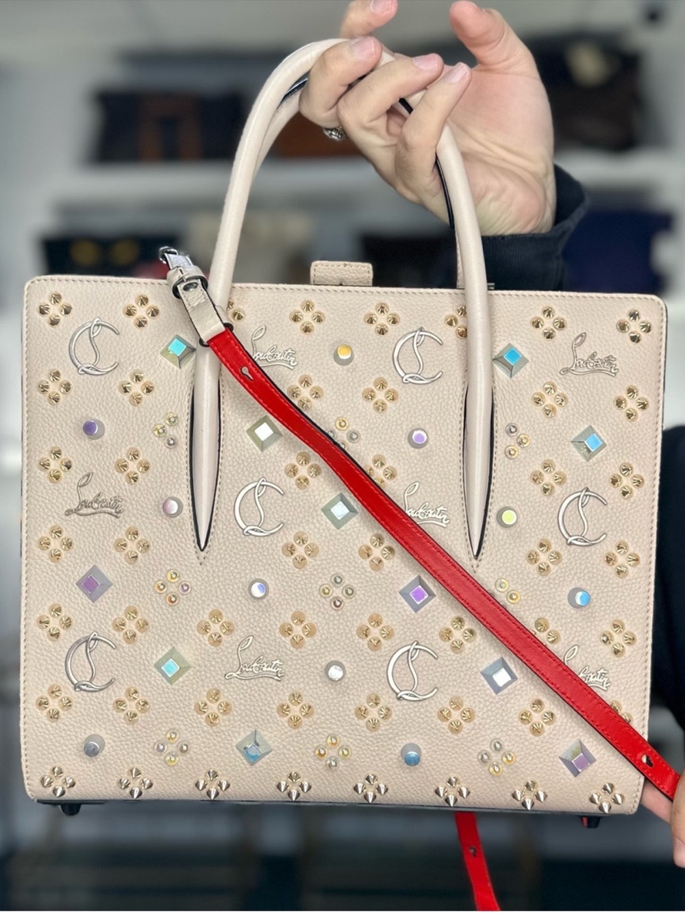 Christian Louboutin Beige Studded Leather Satchel with Red Strap